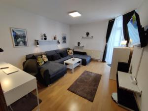 マクデブルクにあるWohlfühl-Wohnung im Herzen der Stadt Magdeburgのソファとテーブルのあるリビングルーム