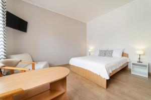 a bedroom with a bed and a table and a tv at Nord Jastarnia bis in Jastarnia