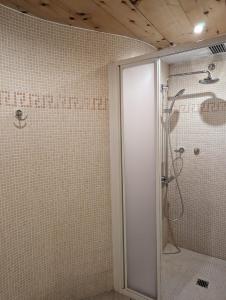 W łazience znajduje się prysznic ze szklanymi drzwiami. w obiekcie Camp Pera w mieście Täsch