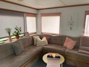 ein Wohnzimmer mit Sofa und Tisch in der Unterkunft Domki na Kwiatowej Okuninka - Orchówek in Orchówek