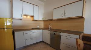 a kitchen with white cabinets and a stainless steel refrigerator at Apartments Antersi Robbi in San Vigilio Di Marebbe
