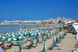 a beach filled with lots of lawn chairs and umbrellas at Hotel Vela Velo Club Vieste in Vieste