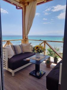 Beachfront Villa Athina في Vergia: غرفة معيشة مع أريكة وإطلالة على المحيط