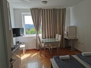 1 dormitorio con escritorio, mesa y ventana en Trnovo apartment with free parking en Liubliana