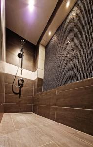 a bathroom with a shower with a shower head at Ferienwohnung Wiehl - Bielstein in Wiehl