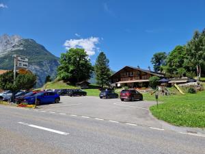 a parking lot with cars parked in front of a mountain at Landgasthof Tännler in Innertkirchen