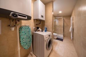 a bathroom with a washing machine and a shower at Apart Hotel Zborovska in Prague