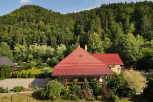 a house with a red roof in front of a mountain at VILA Stella in Bystrá