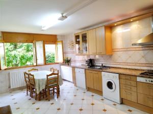 uma cozinha com uma mesa, um lavatório e uma máquina de lavar louça em Villa San Lure Jaca em Jaca