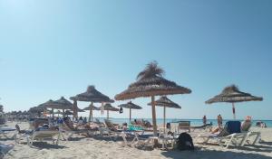 eine Gruppe von Stühlen und Sonnenschirmen am Strand in der Unterkunft Bungalow de charme in Midoun