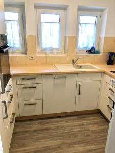 a kitchen with white cabinets and a sink and two windows at Schöne Ferienwohnung direkt am Neckar in Deißlingen