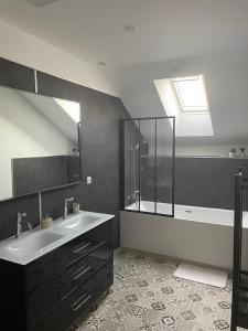 a bathroom with a sink and a shower and a tub at Appartement centre ville - Sablé sur Sarthe in Sablé-sur-Sarthe