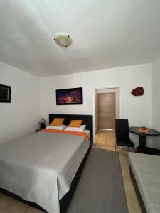 a bedroom with a bed and a table and a chair at Apartmani Kažanegra33 in Pržno