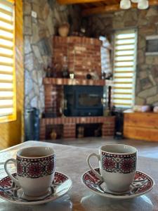 two cups and saucers sitting on a table at Pensiunea Casa Amy in Gladna Romînă