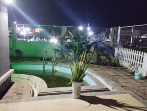 uma planta em vasos sentada ao lado de uma piscina à noite em HOMESTAY 7 NGA em Ba Ria