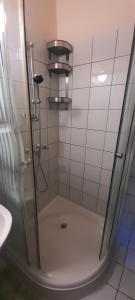 y baño con ducha y puerta de cristal. en Szalajka Ház Váraszó 