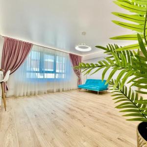 奧托佩尼的住宿－Residence Odaile #6，客厅配有蓝色沙发和植物