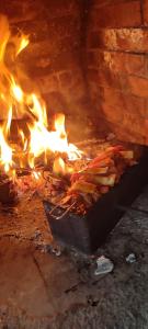 a fire in a brick oven with a pot of food at Diana center Hotel with Grill zone and yard in Chişinău