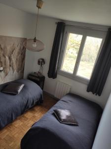a bedroom with two beds and a window at Les chambres des chats malicieux in Cajarc