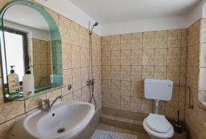 a bathroom with a sink and a toilet and a mirror at Pensiunea Flora TransFăgărășan in Cumpăna