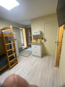a small room with a kitchen and a bunk bed at Leleka Apartment 9 in Esbly