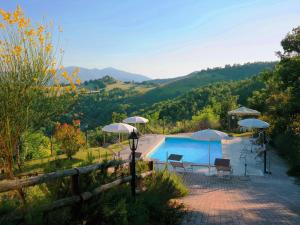 アックアラーニャにあるLuxurious Villa in Acqualagna with Swimming Poolのパラソルと椅子付きのスイミングプールを利用できます。