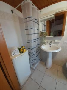 uma casa de banho com um lavatório, um WC e um espelho. em Casa Giola em Solanas
