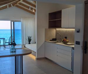 a kitchen and dining room with a view of the ocean at Panorama Inn in Lithakia
