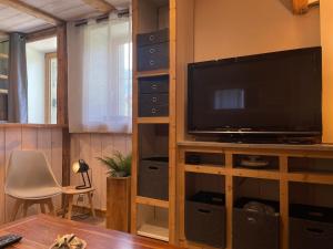a living room with a television on a wooden entertainment center at Appartement Samoëns, 3 pièces, 4 personnes - FR-1-624-85 in Samoëns