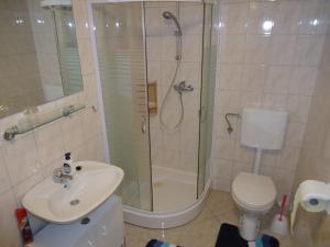 a bathroom with a shower and a sink and a toilet at Apartments Lili in Zadar