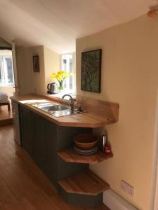 uma cozinha com um lavatório e uma bancada em Lyme Clifftop Hideaway em Lyme Regis