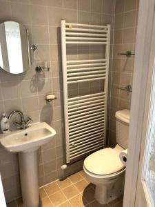 Lyme Clifftop Hideaway في ليم ريجيس: حمام صغير مع مرحاض ومغسلة
