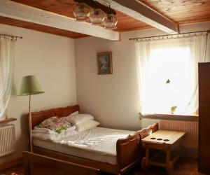 1 dormitorio con cama, lámpara y ventana en Agroturystyka u Koziołka, en Długowola