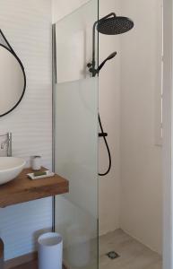 een glazen douche in een badkamer met een wastafel bij B&B Il Carlino in Villaggio Azzurro