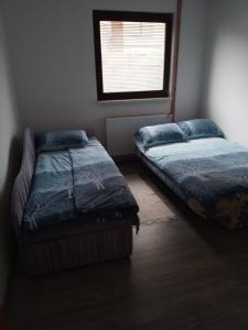 two beds sitting in a room with a window at Apartman Uros in Pale