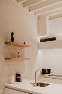 a kitchen with white walls and a sink and shelves at Blue Bird Residence Wijngaard in Antwerp