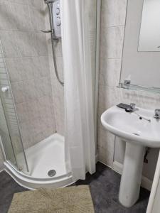 a bathroom with a shower and a sink and a toilet at Spacious Victorian Studio Flat in Doncaster