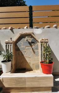 two potted plants sitting on a stone wall at Zante Ionian City House in Zakynthos Town