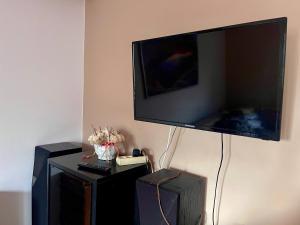 a flat screen tv hanging on a wall at Agroturystyka u Koziołka in Długowola