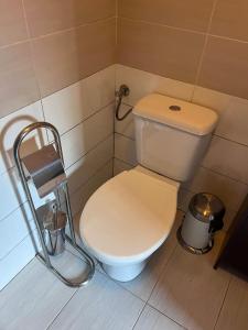 a bathroom with a toilet and a trash can at Agroturystyka u Koziołka in Długowola +10 photos