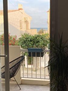 ein Balkon mit einer Bank und einem Pflanzgefäß auf einem Balkon in der Unterkunft Direction Sud ! in Narbonne-Plage