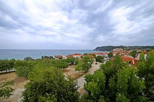 an aerial view of a town with the ocean at Siviri Rooms in Siviri