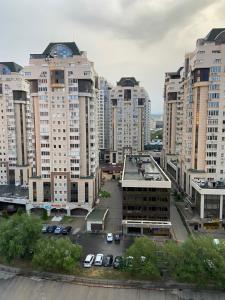 eine Luftansicht einer Stadt mit hohen Gebäuden in der Unterkunft Квартира в центре Алматы in Almaty