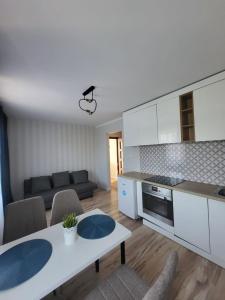 a kitchen and living room with a table and a couch at SKY BLUE LOQUS Studia i Apartmenty in Płock
