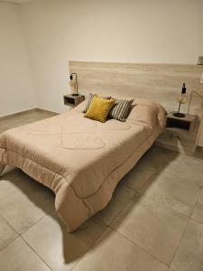 a large bed with two pillows on it in a room at Dpto La Tacuara in Ciudad Lujan de Cuyo