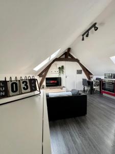 a living room with a couch and a table at Bel appartement lumineux 35m2, Bord De Loire in Saint-Jean-le-Blanc