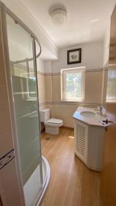 a bathroom with a shower and a sink and a toilet at Varandas de Troia in Troia