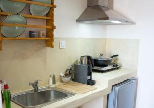 un bancone della cucina con lavandino e macchinetta del caffè di DIPOLIS luxury apartments Syros a Episkopíon