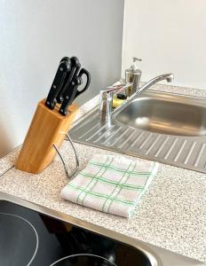 a knife block on a counter next to a sink at Apartmán u lesa, Srní 119 in Srní