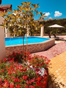 a swimming pool with a bunch of flowers next to it at Hotel Loggas in Sidhirokhórion